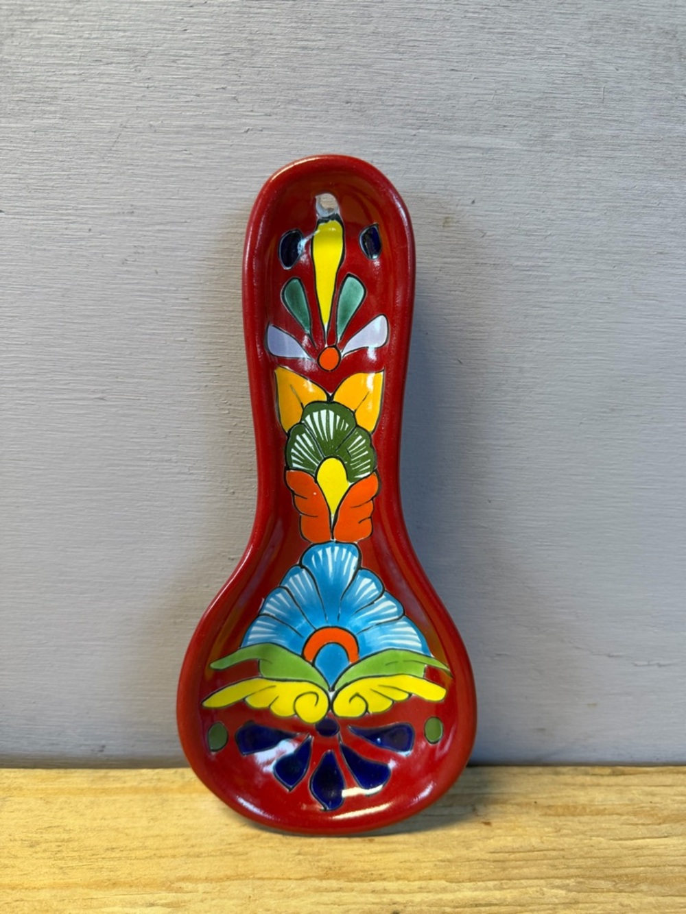 Handpainted Red Talavera Spoon Rest with Multicolor Floral Design